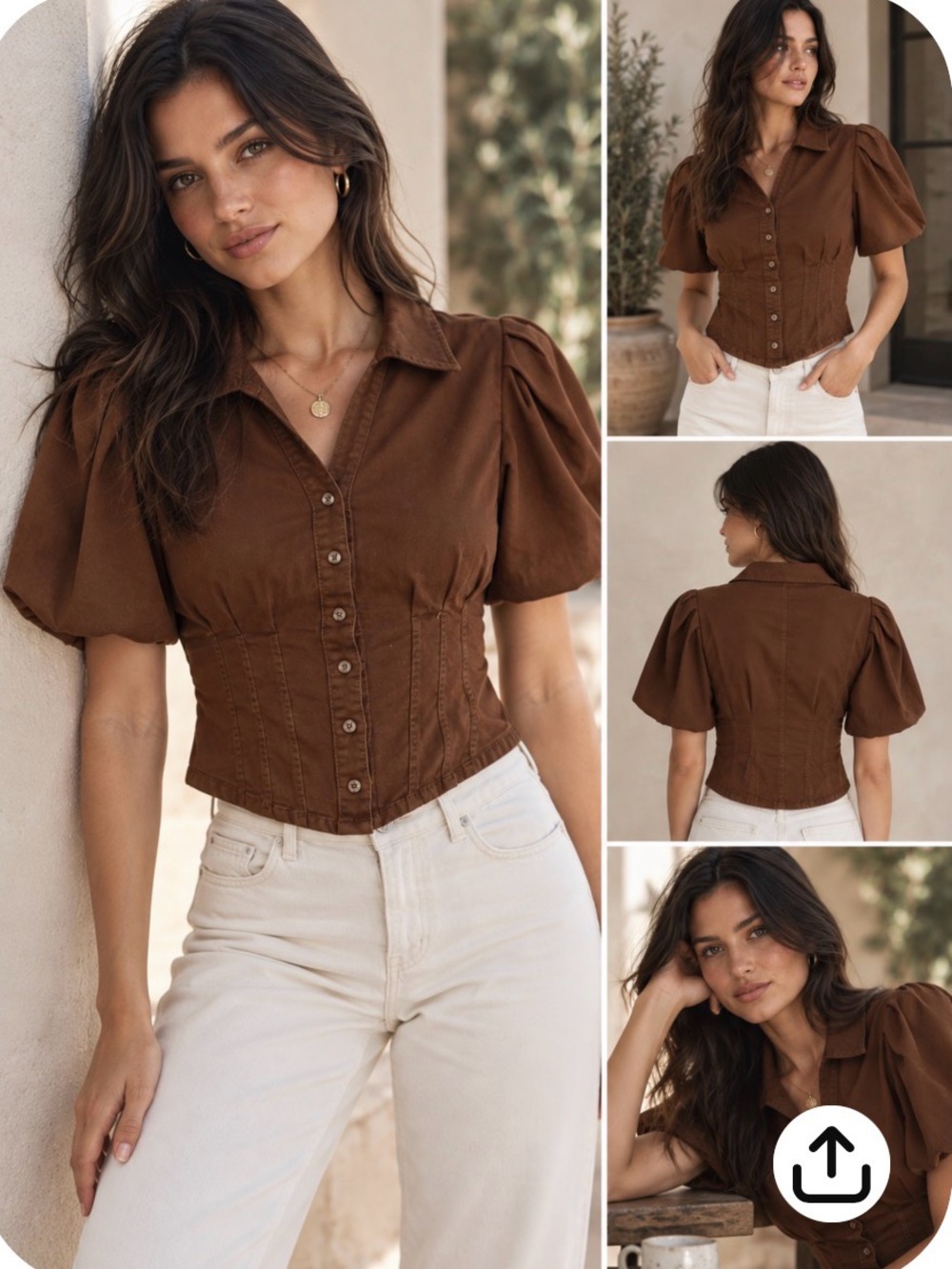 bagatelle Brown Puff-Sleeve Button Front Corset Top